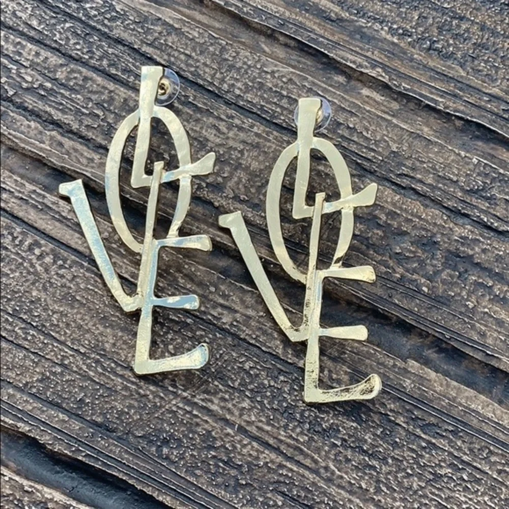 LOVE Gold Tone Oversize Drop Earrings 3+”